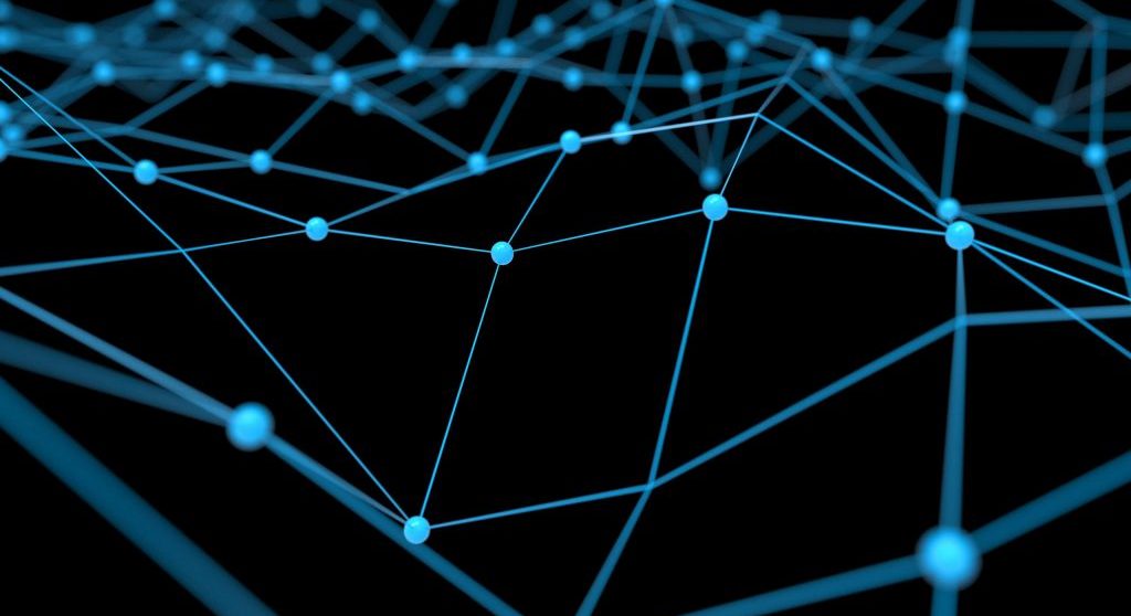 Blockchain network , Machine learning , deep learning and neural networks concept. Blue Distributed connection atom with black background , 3d rendering