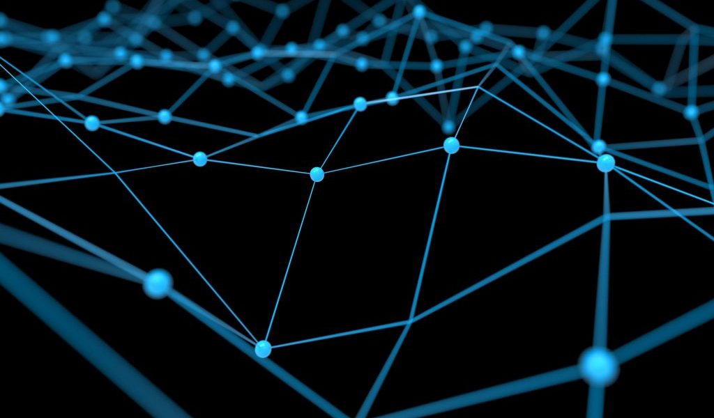 Blockchain network , Machine learning , deep learning and neural networks concept. Blue Distributed connection atom with black background , 3d rendering